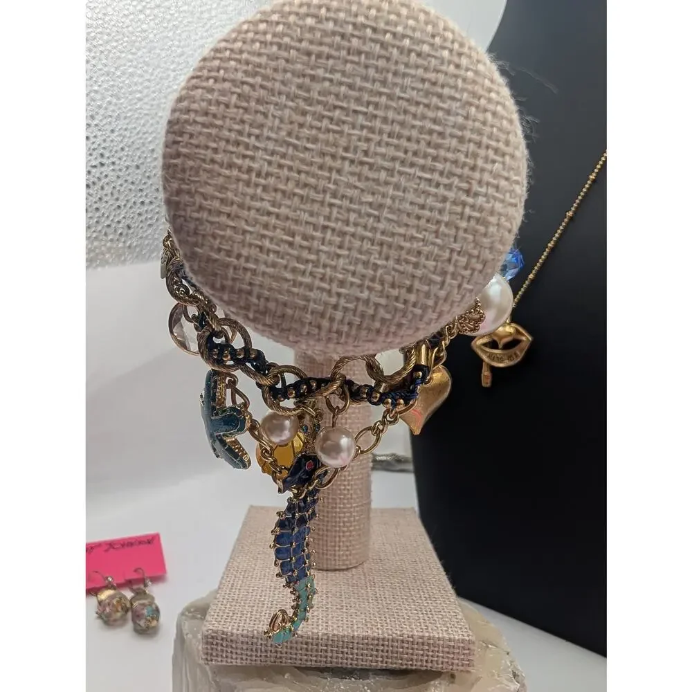 Betsey Johnson Multi-Charm Bracelet Seahorse Starfish Pearl Blue Crystal Gold